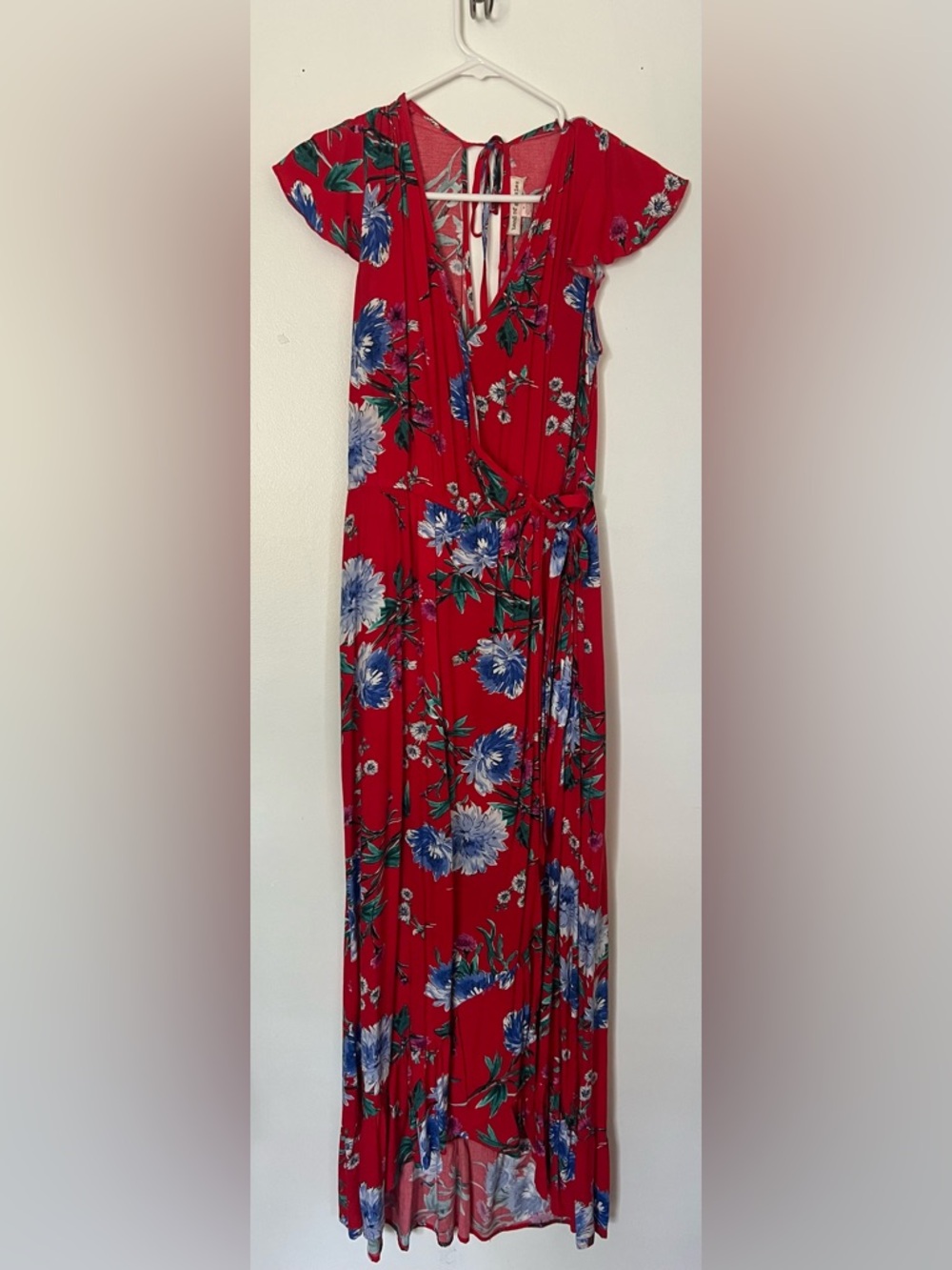 Band of Gypsies Red Floral Maxi Wrap Dress with Blue Blooms